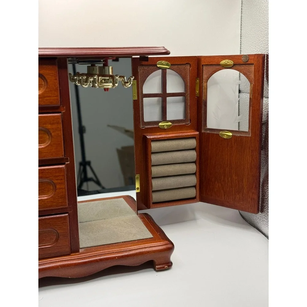 Vintage Wooden Jewelry Armoire Tabletop Chest 4 Drawers Etched Glass Carousel - Picture 5 of 16